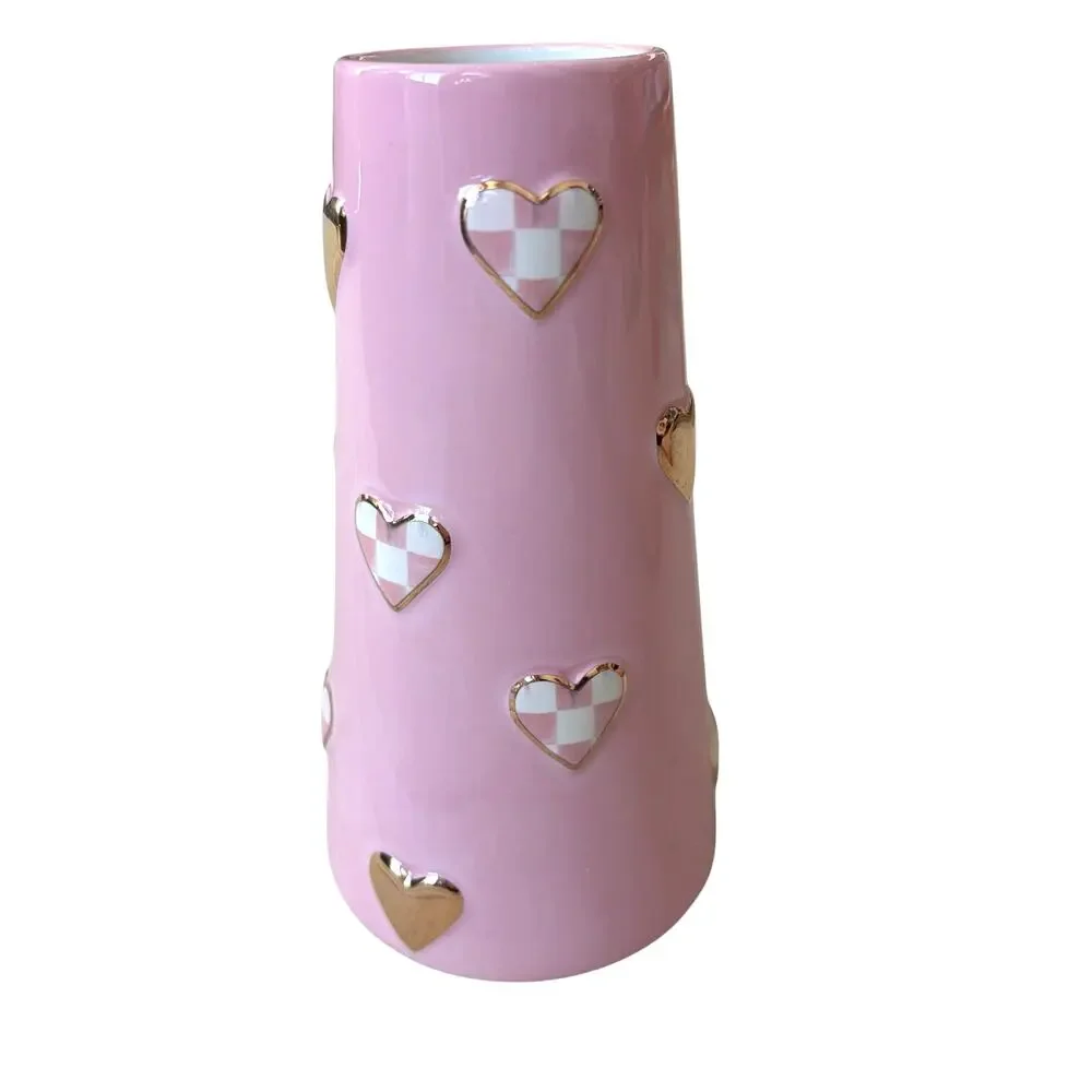 NEW Mackenzie-Childs Rosy Check Short Heart Vase In Original Box